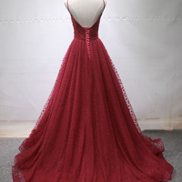 Burgundy tulle long prom dress A line evening dress - Thumbnail 3