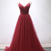 Burgundy tulle long prom dress A line evening dress - Thumbnail 4