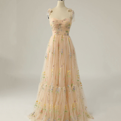 Champagne tulle lace long prom dress a line evening dress