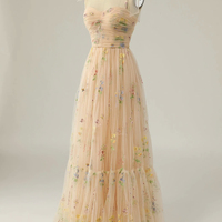 Champagne tulle lace long prom dress A line evening dress - Thumbnail 3