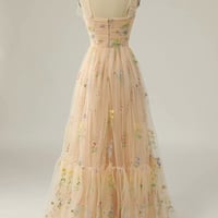 Champagne tulle lace long prom dress A line evening dress - Thumbnail 5