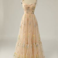 Champagne tulle lace long prom dress A line evening dress - Thumbnail 6