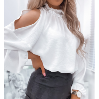 White Women's Off Shoulder Long Sleeve Casual Top - Thumbnail 1