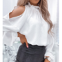 White Women's Off Shoulder Long Sleeve Casual Top-1