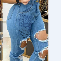 Blue Printed Letters Ripped Jeans - Thumbnail 1