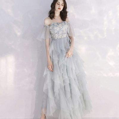 Gray tulle lace a line prom dress evening dress - Thumbnail 2