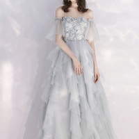 Gray tulle lace A line prom dress evening dress - Thumbnail 2