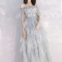 Gray tulle lace A line prom dress evening dress - Thumbnail 4