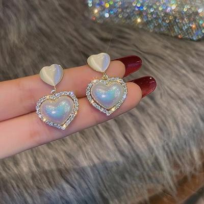 Crystal pearl heart dangle earrings