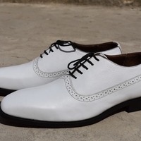 Best Men's Hand Stitch Oxfords White Leather Lace Up Shoes - Thumbnail 1
