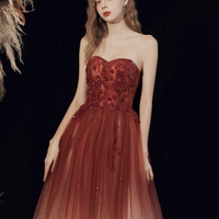 Burgundy tulle beads long prom dress A line evening dress - Thumbnail 5