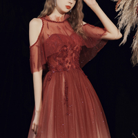 Burgundy tulle beads long prom dress A line evening dress - Thumbnail 2