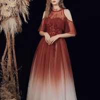 Burgundy tulle beads long prom dress A line evening dress - Thumbnail 3