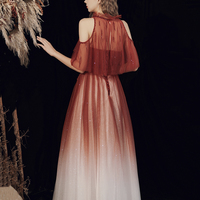 Burgundy tulle beads long prom dress A line evening dress - Thumbnail 4