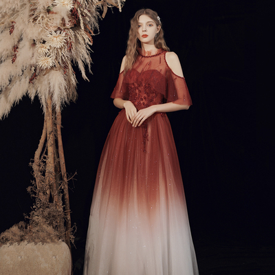 Burgundy tulle beads long prom dress a line evening dress - Thumbnail 2