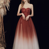 Burgundy tulle beads long prom dress A line evening dress - Thumbnail 6