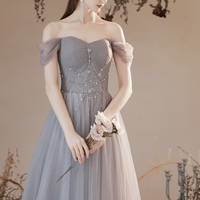 Gray tulle beads long prom dress A line evening dress - Thumbnail 2