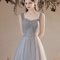 Gray tulle beads long prom dress A line evening dress - Thumbnail 3
