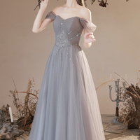 Gray tulle beads long prom dress A line evening dress - Thumbnail 4