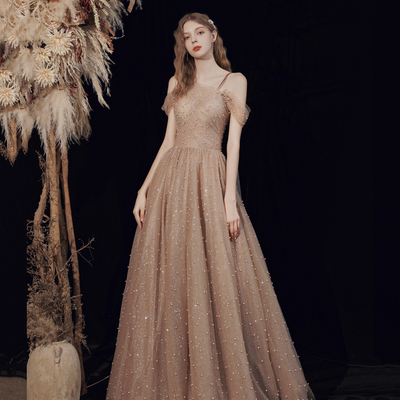 Champagne tulle one shoulder prom dress evening dress