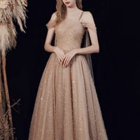 Champagne tulle one shoulder prom dress evening dress - Thumbnail 1