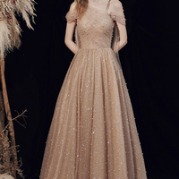 Champagne tulle one shoulder prom dress evening dress - Thumbnail 2