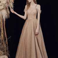 Champagne tulle one shoulder prom dress evening dress - Thumbnail 3