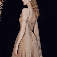 Champagne tulle one shoulder prom dress evening dress - Thumbnail 4