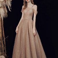 Champagne tulle one shoulder prom dress evening dress - Thumbnail 5