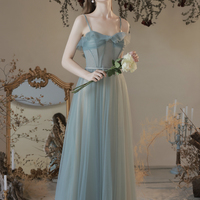 Cute tulle long prom dress A line evening dress - Thumbnail 1