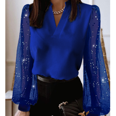 Women's mesh splicing v-neck top - Thumbnail 1