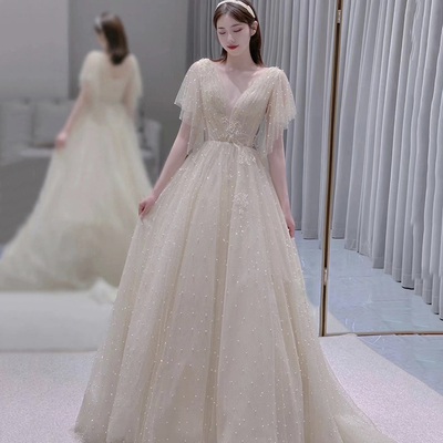 Champagne tulle beads long prom dress a line evening dress