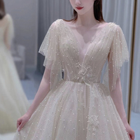 Champagne tulle beads long prom dress A line evening dress - Thumbnail 2