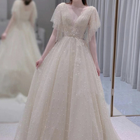 Champagne tulle beads long prom dress A line evening dress - Thumbnail 4