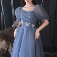 Blue tulle long prom dress A lin evening dress - Thumbnail 2