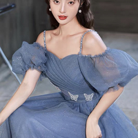 Blue tulle long prom dress A lin evening dress - Thumbnail 3