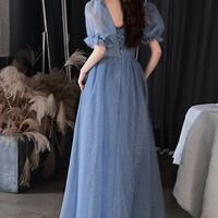 Blue tulle long prom dress A lin evening dress - Thumbnail 5