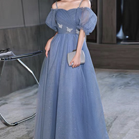 Blue tulle long prom dress A lin evening dress - Thumbnail 6
