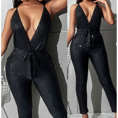 Black women's sequins sexy deep v jumpsuit