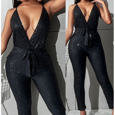 Black Women's Sequins Sexy Deep V Jumpsuit