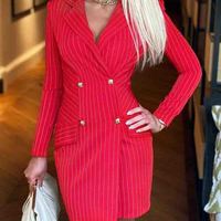Striped V-Neck Breasted Long Sleeve Dress - Thumbnail 1