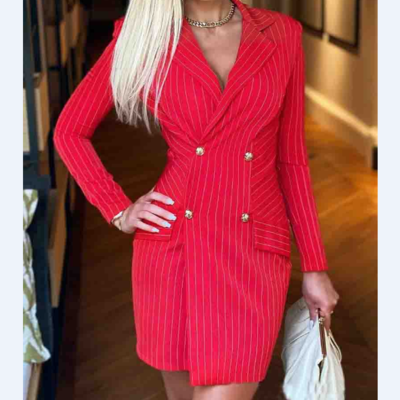 Striped v-neck breasted long sleeve dress