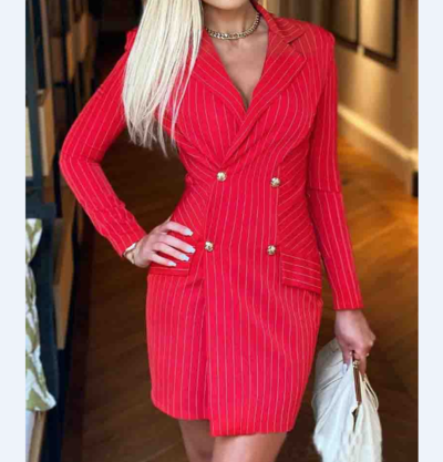 Striped V-Neck Breasted Long Sleeve Dress