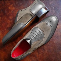 New Handmade Grey Oxfords Wingtip Brogue Leather Suede Lace Up Shoes - Thumbnail 1