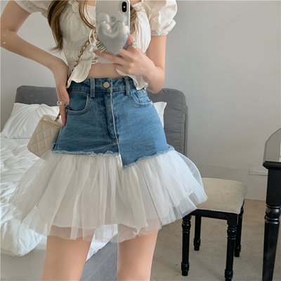 Mesh Denim Splice Skirt