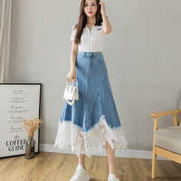 Casual Irregular Lace Patchwork Denim Skirt - Thumbnail 4