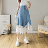 Casual Irregular Lace Patchwork Denim Skirt - Thumbnail 2