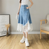 Casual Irregular Lace Patchwork Denim Skirt - Thumbnail 1