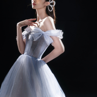 Blue tulle long A line prom dress blue evening dress - Thumbnail 2