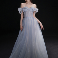 Blue tulle long A line prom dress blue evening dress - Thumbnail 3